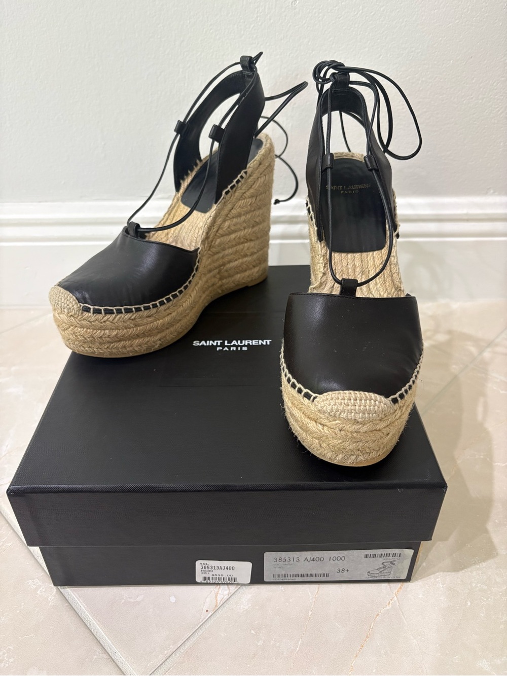 Authentic Saint Laurent (YSL) Black Leather Espadrille Wedge Sandals (size 38)
